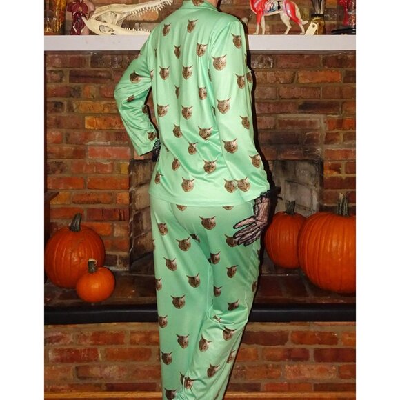 Mint Green Annoyed Cat Pajama Set L pants button up top sleepwear kitty - Picture 5 of 9